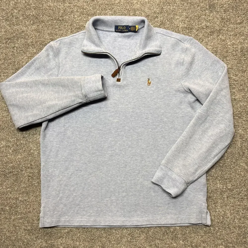 Polo Ralph Lauren Sweater Mens Medium Blue 1/4 Zip Mock Neck Cotton Pullover